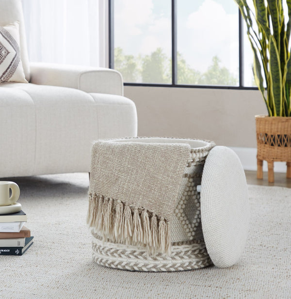 English Elm 18" Handwoven Wool Storage Ottoman Tufted Knotted Lid Bohemian Living Room Seat B202P471519