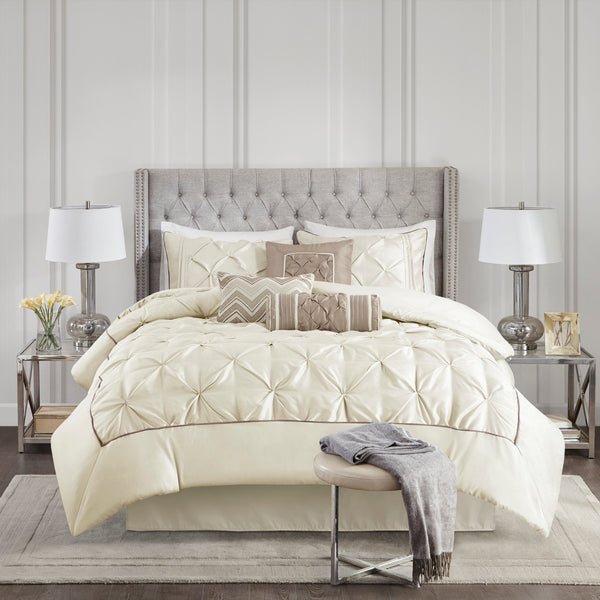 English Elm 7 Tufted Laurel 7-Piece Ivory Comforter Set Queen — Luxurious Pieced Polyester, Decorative Pillows & Bedskirt B03596987