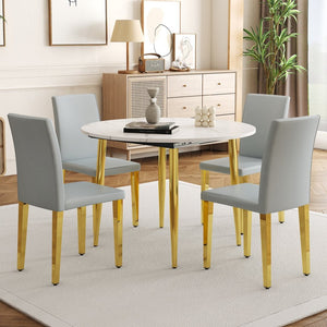 English Elm Table and Chair Set Extendable Round Mdf Top Gold Legs Four Pu Dining Seats Light Gray,White+Gold W1151S04831