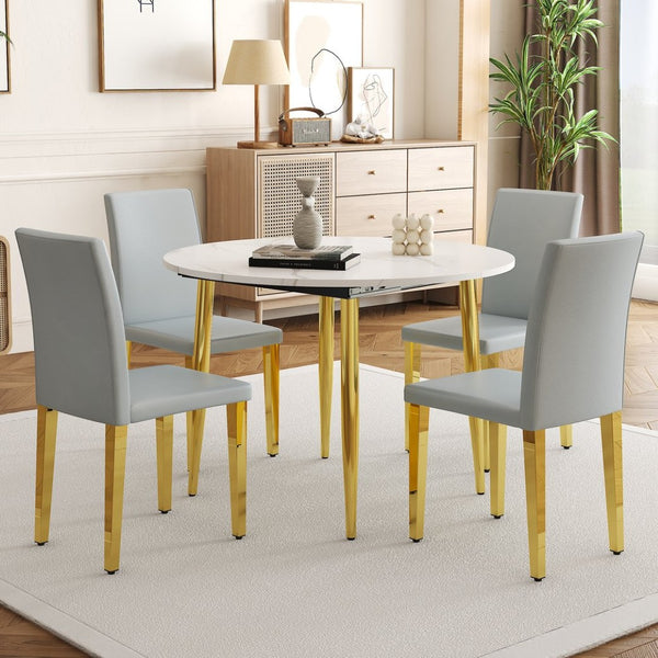 English Elm Table and Chair Set Extendable Round Mdf Top Gold Legs Four Pu Dining Seats Light Gray,White+Gold W1151S04831