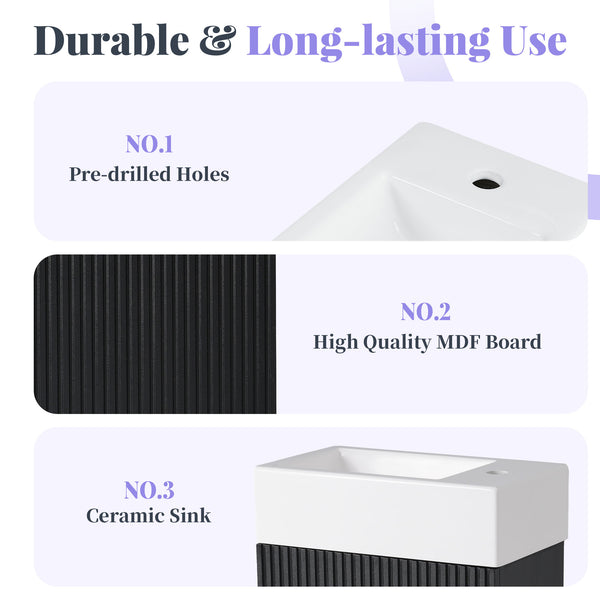 English Elm 18.6" Bathroom Vanity with Sink and Ceramic Top, MDF Cabinet with Door, TP Holder & Shelf Black N725P212181B