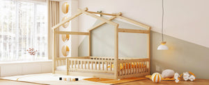English Elm Full Size Pine Playhouse Bed with Roofline and Fence Rails for Kids Bedroom Natural WF302177AAN