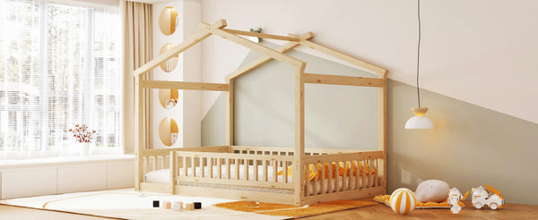 English Elm Full Size Pine Playhouse Bed with Roofline and Fence Rails for Kids Bedroom Natural WF302177AAN
