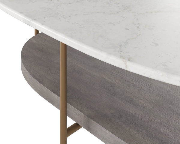 Sunpan Deja Coffee Table - Mid-Century Inspired Oval Design with White Marble & Grey Acacia Wood Shelf