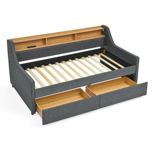 English Elm Twin Size Upholstery Sofa Bed With Led Lights & Storage Drawers, Wireless Charging, Grey Linen Design W1413S00055-GIGA