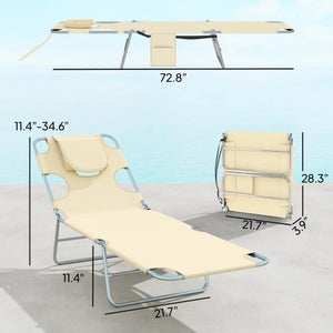 English Elm Handy Tri-fold Outdoor Lounger with Face Cavity Steel Frame Oxford Fabric Tanning Bed Beige T3971P481332