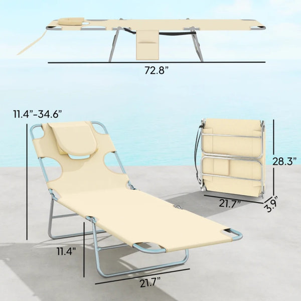 English Elm Handy Tri-fold Outdoor Lounger with Face Cavity Steel Frame Oxford Fabric Tanning Bed Beige T3971P481332