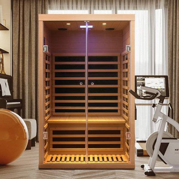English Elm Low Emf Two Person Hemlock Far Infrared Sauna with Double Glass Doors and Bluetooth W632S00022