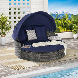 English Elm 5 Piece Outdoor Wicker Daybed Set with Retractable Canopy and Quick Dry Cushions Dark Blue W874S00037