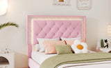 English Elm Twin Size Upholstered Bed Frame With Led Lights,Modern Velvet Platform Bed With Tufted Headboard,Pink