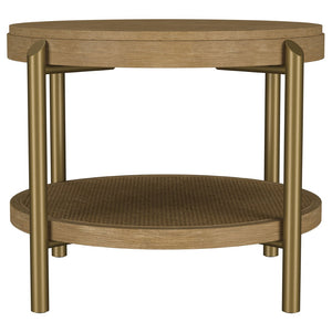 English Elm Benson Round End Table with Woven Rattan Shelf and Aged Brass Legs for Living Room B062P440109