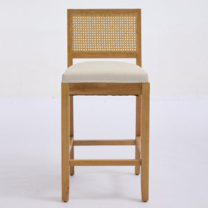 English Elm Full Solid Wood Rattan-Back Bar Stools Set Of 2 - Stylish Beige Cushions For Rustic Kitchen & Café W1143P384367