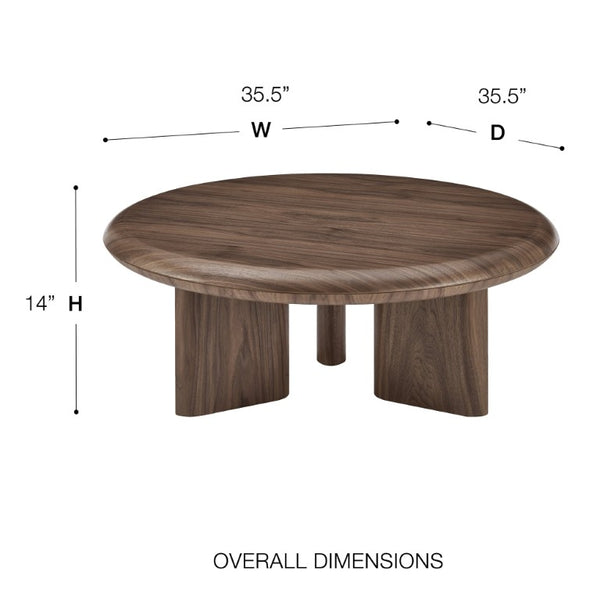 EuroStyle Albert Walnut Veneer Round Coffee Table Mid-Century Three-Leg Low-Profile Living Room 90966WAL-KIT