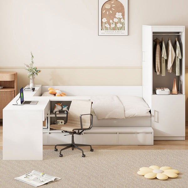 English Elm Full Size Wooden Platform Bed With Integrated Desk, 6 Drawers, Wardrobe & Modern Shelves, White Finish N820S00060K