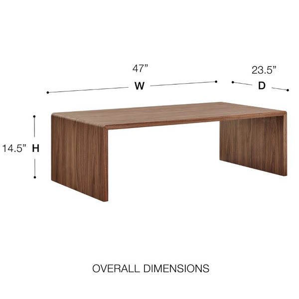 EuroStyle Nova 47 Inch Low Profile Coffee Table Warm Veneer Finish for Minimalist Living Rooms Walnut 90972-WAL