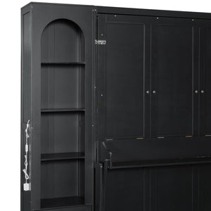 English Elm Queen Murphy Platform Bed with Foldaway Cabinet, Built-In LED, Side Cabinets & Drawers for Small Spaces Black N7090002226B