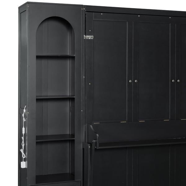 English Elm Queen Murphy Platform Bed with Foldaway Cabinet, Built-In LED, Side Cabinets & Drawers for Small Spaces Black N7090002226B