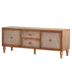 English Elm Rattan Mid-Century TV Stand 63.8" for TVs up to 65" — Rattan Doors, 2 Drawers, Adjustable Shelf, Cord Management W3040P382306