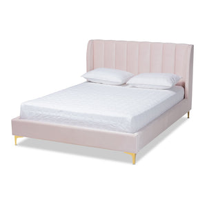 Baxton Studio Baxton Studio Glam Luxe Upholstered Queen Platform Bed with Gold Legs and Wingback Headboard Design Pink BBT6765-Light Pink-Queen