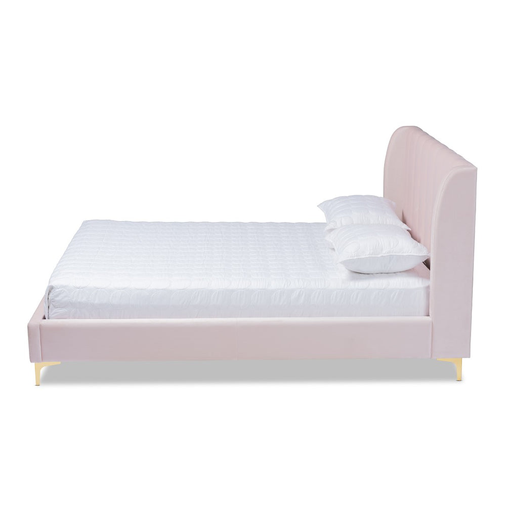 Baxton Studio Baxton Studio Glam Luxe Upholstered Queen Platform Bed with Gold Legs and Wingback Headboard Design Pink BBT6765-Light Pink-Queen