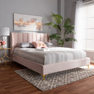 Baxton Studio Baxton Studio Glam Luxe Upholstered Queen Platform Bed with Gold Legs and Wingback Headboard Design Pink BBT6765-Light Pink-Queen