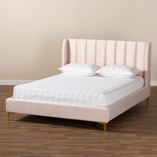 Baxton Studio Baxton Studio Glam Luxe Upholstered Queen Platform Bed with Gold Legs and Wingback Headboard Design Pink BBT6765-Light Pink-Queen