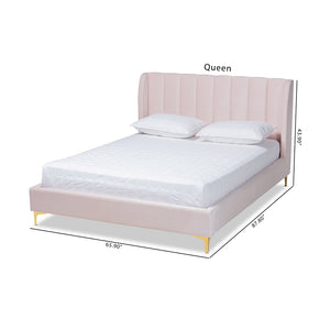 Baxton Studio Baxton Studio Glam Luxe Upholstered Queen Platform Bed with Gold Legs and Wingback Headboard Design Pink BBT6765-Light Pink-Queen