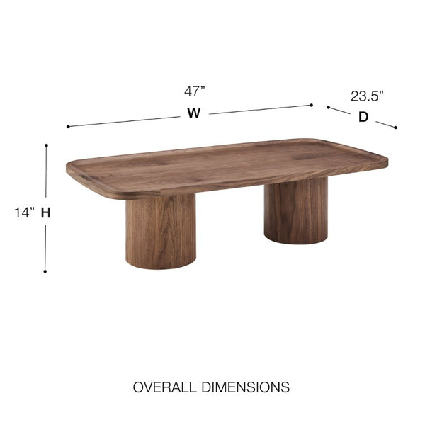 EuroStyle Boden Walnut Veneer Rectangular Coffee Table Low Sculptural Profile for Living Rooms 90992WAL-KIT