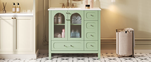 English Elm 36" Green Bathroom Vanity with Waffle Texture Doors, 4 Drawers, Glass Panels, Soft-Closing, Modern Storage N710P280025C