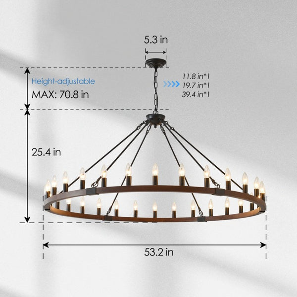 English Elm 53.15 Inch Wagon Wheel Chandelier Wood Matte Black 30 Light Seeded Glass Farmhouse W5008P464800