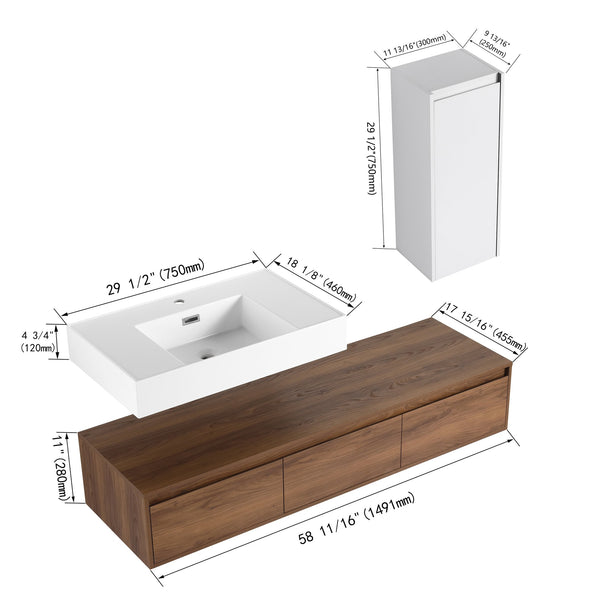 English Elm 60 Inch Wall-Mounted Bathroom Vanity Set With Resin Sink, Soft-Close Drawers, And Side Cabinet Space W999S00284