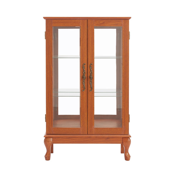 English Elm 2 Doors Curio Cabinet with Mirrored Back, Tempered Glass, Adjustable Shelves, Lighted Display, Dark Oak Finish (98) W2275P300143