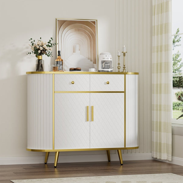English Elm Luxury Fluted Curved Sideboard with Golden Legs Sculptural White Storage for Entryway T3773P417294