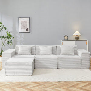 English Elm L-shaped Corduroy Sectional with Ottoman Three Seat Modular Sofa for Modern Living Light Gray W2699S00081