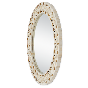 Ellaria Round Mirror - Exquisite Handmade Bone Design with Floral Motifs and Brass Accents, 30"