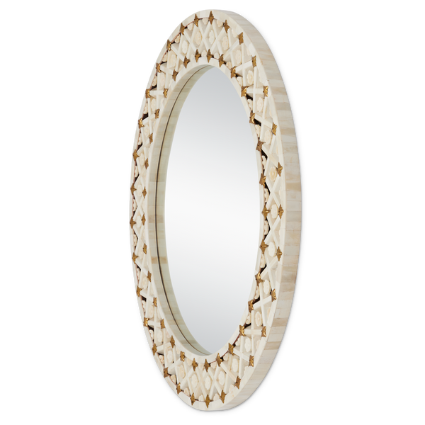 Ellaria Round Mirror - Exquisite Handmade Bone Design with Floral Motifs and Brass Accents, 30"