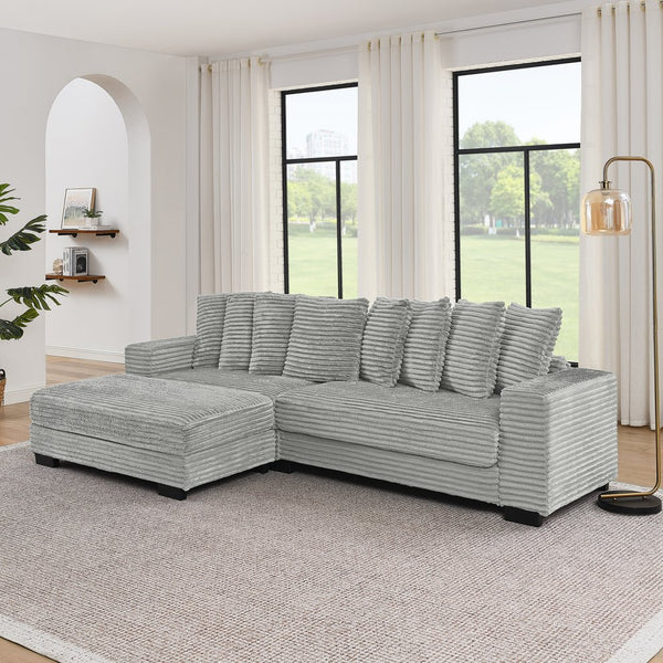 English Elm Corduroy Stylish Modular Sleeper Sectional Sofa – Gray Tufted Design With Versatile Footrests & Easy Assembly W487S00341