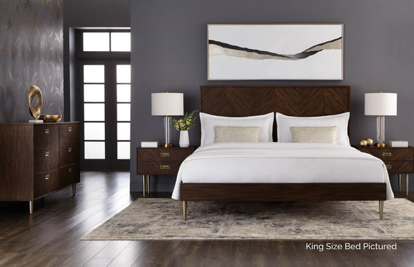 Sunpan GREYSON Queen Bed in Smoked Acacia - Handcrafted Chevron Headboard with Brass-Nickel Feet 102589