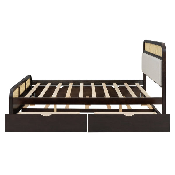 English Elm Queen Wooden Platform Bed With Trundle, 2 Storage Drawers & Padded Headboard In Espresso Finish N820S00010P-GIGA