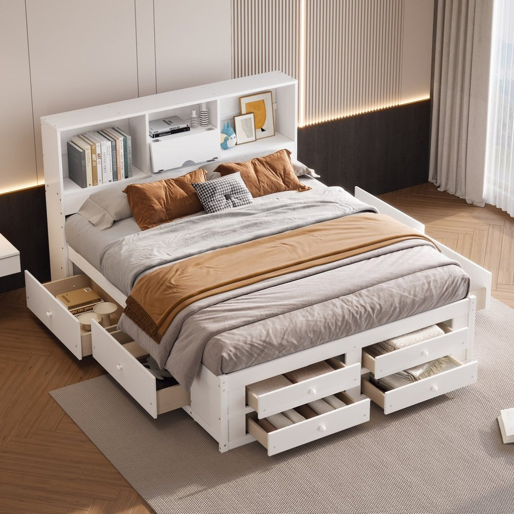 English Elm King Platform Bed with 8 Drawers Open Headboard Compartments and Pine Wood Frame White GX000454AAK-1