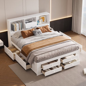 English Elm King Platform Bed with 8 Drawers Open Headboard Compartments and Pine Wood Frame White GX000454AAK-1