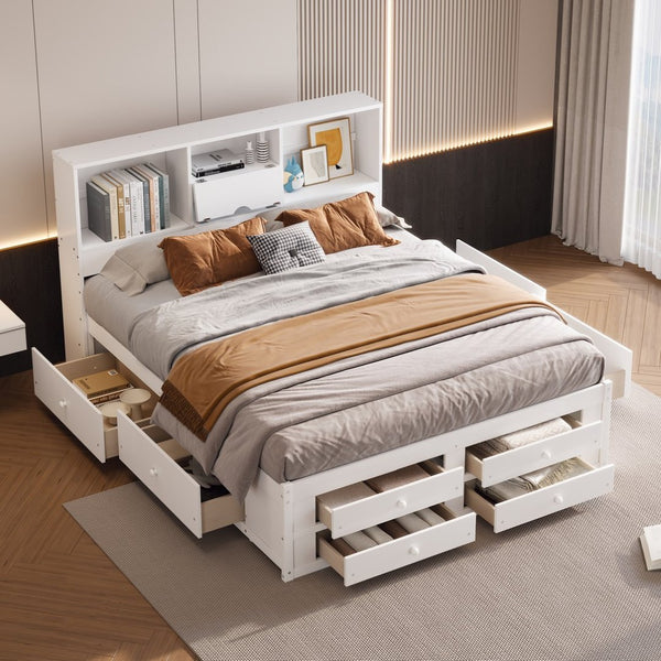 English Elm King Platform Bed with 8 Drawers Open Headboard Compartments and Pine Wood Frame White GX000454AAK-1