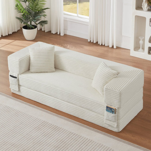 English Elm Modern Cord Fabric Convertible Sofa Sleeper Low Profile Square Frame for Apartments White W3396P439850