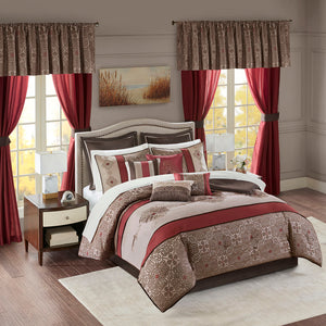 JLA Home Madison Park Essentials - 24 Luxurious Jacquard Faux-Silk 24-Piece Bedroom Ensemble with Medallion Embroidery, Valances & Pillows 90 L x 90 W x 1.5H MPE10-707