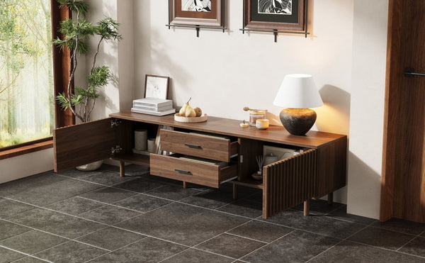 English Elm 70inch Rattan Door Media Console with Iron Legs Natural Wood Finish Living Room N710P429516Q