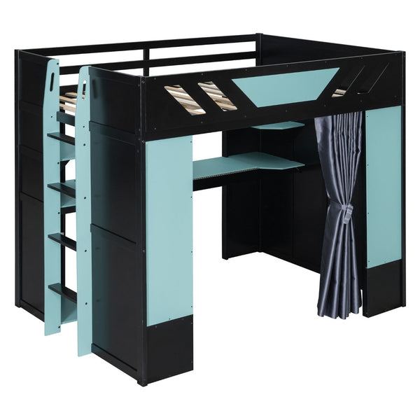 English Elm Full Size Loft Bed with Desk Blackout Curtains Rgb Lighting and Integrated Storage Black+Blue LT000377AAC