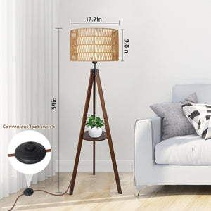 English Elm Boho Rubber Wood Tripod Floor Lamp with Shelves, Dual Rattan & Fabric Shades, Foot Switch Light W2738P185422