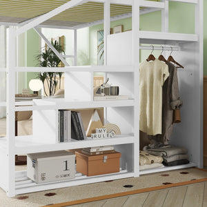 English Elm Full Size Loft Bed With Stairs & Shelves - Stylish Metal High Loft Bed For Kids & Teens, White Finish W2580S00032
