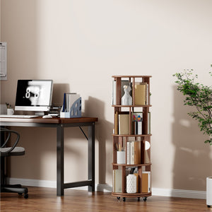 English Elm 100%solid Rubberwood Rotating Tower Bookcase with Locking Wheels 4 Tier Round Shelf W2987P337932