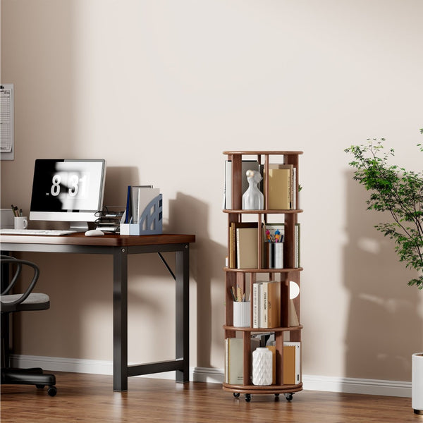 English Elm 100%solid Rubberwood Rotating Tower Bookcase with Locking Wheels 4 Tier Round Shelf W2987P337932